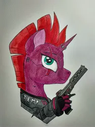 Size: 3000x4000 | Tagged: safe, artist:zocidem, derpibooru import, tempest shadow, pony, unicorn, augmented, bust, cyberpunk, fingers, g4, image, jpeg, portrait, simple background, solo, weapon, white background