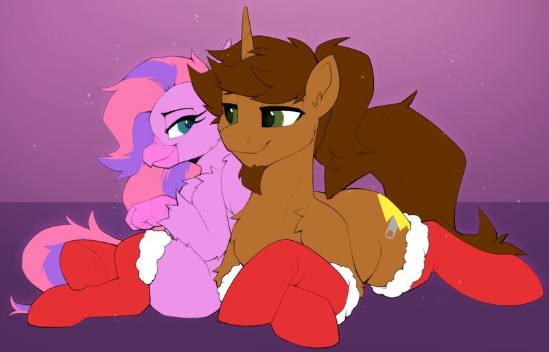 Size: 3252x2086 | Tagged: safe, artist:breloomsgarden, derpibooru import, oc, oc:coppercore, oc:lilac, hippogriff, pony, unicorn, christmas, clothes, couple, duo, holiday, horn, image, jpeg, loving gaze, male, socks, stallion, stockings, thigh highs, wings