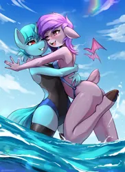 Size: 2234x3070 | Tagged: safe, artist:shoggoth-tan, derpibooru import, oc, unofficial characters only, anthro, deer, unguligrade anthro, unicorn, clothes, commission, female, floating wings, hug, image, jpeg, looking at each other, looking at someone, ocean, one-piece swimsuit, smiling, socks, stockings, swimsuit, thigh highs, water, wings