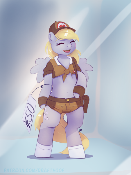 Size: 1128x1500 | Tagged: safe, artist:drafthoof, derpibooru import, derpy hooves, pegasus, semi-anthro, g4, arm hooves, belly, belly button, bipedal, eyes closed, figurine, front knot midriff, image, mailmare, midriff, png, postman's hat, smiling