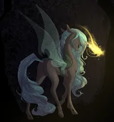 Size: 1280x1369 | Tagged: safe, artist:damayantiarts, derpibooru import, queen chrysalis, changeling, changeling queen, eyes closed, female, g4, glow, glowing horn, horn, image, jpeg, rear view, solo