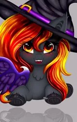 Size: 4064x6393 | Tagged: safe, artist:schwinarts, derpibooru import, oc, oc:spirit harvest, bat pony, hybrid, pegasus, pony, chest fluff, commission, cute, ear fluff, fangs, female, halloween, hat, holiday, hooves, hybrid wings, image, mare, open mouth, png, smiling, solo, spread wings, wings, witch hat, ych result, your character here