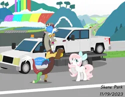 Size: 12000x9292 | Tagged: safe, artist:creedyboy124, derpibooru import, discord, sweetheart, draconequus, pony, unicorn, g1, bow, clipboard, female, hair bow, hat, image, male, png, rainbow falls (location), road, tow truck, truck