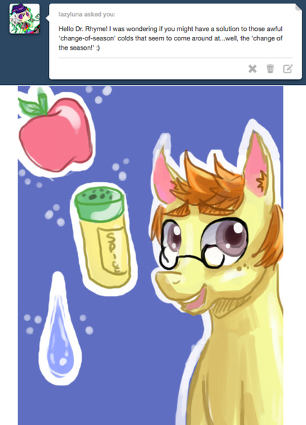 Size: 500x693 | Tagged: safe, artist:frostedminispooner, derpibooru import, oc, oc:nursery rhyme, pony, apple, ask nursery rhyme, food, glasses, image, male, png, salt, solo, stallion