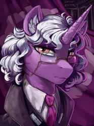 Size: 1560x2100 | Tagged: safe, artist:kelkessel, derpibooru import, oc, oc:eleanor laimova, unofficial characters only, pony, unicorn, equestria at war mod, bust, clothes, commission, eaw redux, female, flag, glasses, image, necktie, png, portrait, solo, uniform