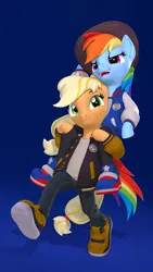 Size: 2160x3840 | Tagged: safe, artist:owlpirate, derpibooru import, applejack, rainbow dash, earth pony, pegasus, pony, semi-anthro, 3d, 4k, accessory swap, applejack's hat, arm hooves, clothes, cowboy hat, duo, female, g4, gradient background, hat, high res, image, jacket, mare, open mouth, open smile, piggyback ride, png, shoes, smiling, sneakers, source filmmaker