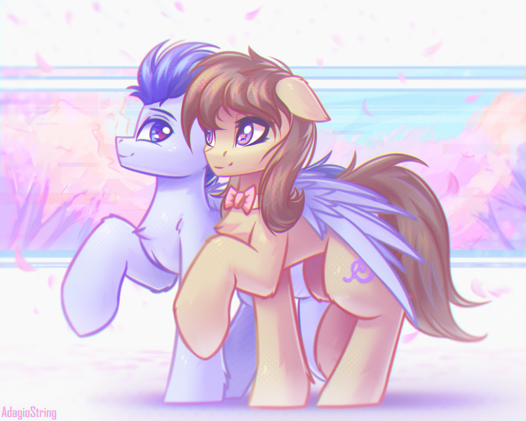 Size: 2500x2000 | Tagged: safe, artist:adagiostring, derpibooru import, octavia melody, oc, earth pony, pegasus, pony, canon, canon x oc, couple, cute, cute smile, duo, female, g4, image, looking at each other, looking at someone, male, male to female, mare, pegasus oc, png, rule 63, simple background, stallion, together, walking, wings