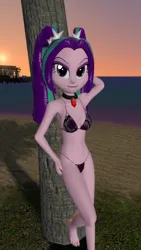 Size: 1080x1920 | Tagged: suggestive, artist:oatmeal!, derpibooru import, aria blaze, human, equestria girls, 3d, arm behind head, beach, belly button, bikini, breasts, choker, clothes, gmod, hand on hip, image, leaning, looking at you, ocean, palm tree, png, raised leg, sexy, solo, sunset, swimsuit, tree, tropical, water