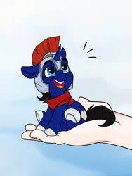 Size: 1500x1992 | Tagged: safe, artist:rutkotka, derpibooru import, oc, oc:night reader, bat pony, unicorn, fanfic:the centurion project, clothes, cute, hand, helmet, image, jpeg, scarf, smiling, tiny