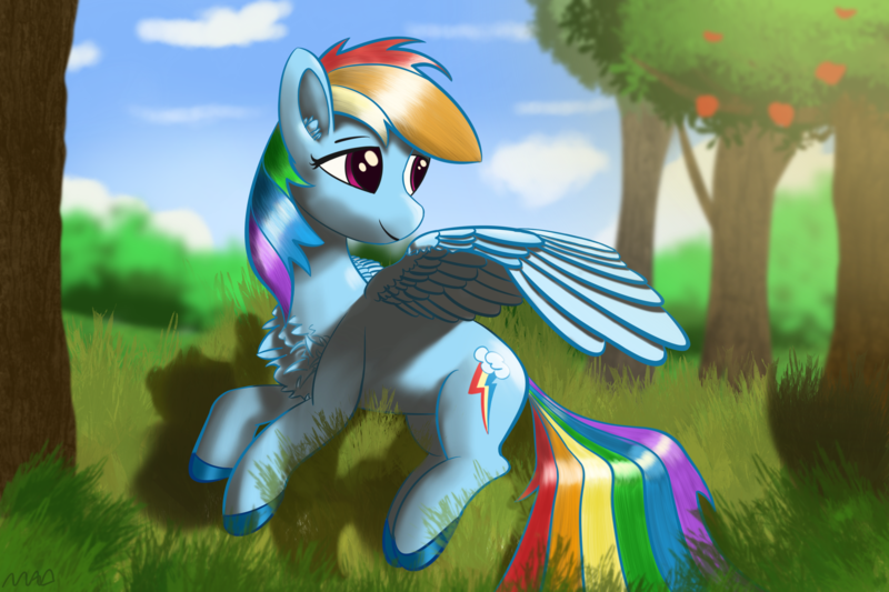Size: 3072x2048 | Tagged: safe, artist:maonyman, derpibooru import, rainbow dash, pegasus, pony, apple, chest fluff, cloud, colored hooves, colored wings, cutie mark, ear fluff, female, food, forest, forest background, g4, grass, image, lighting, lying down, mare, nature, png, shading, side, sky, solo, spread wings, tree, turned head, two toned wings, wing fluff, wings