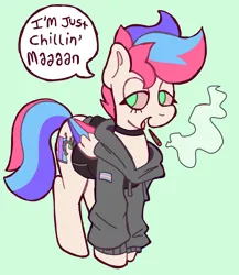 Size: 2500x2878 | Tagged: safe, artist:catponything, derpibooru import, oc, oc:pedals, pegasus, choker, clothes, commission, dialogue, drug use, drugs, high, hoodie, image, jpeg, nonbinary, pride, pride flag, smoking, solo, transgender, transgender pride flag, ych result