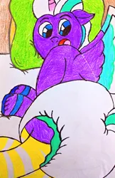 Size: 2129x3277 | Tagged: safe, artist:bitter sweetness, derpibooru import, unicorn, g5, my little pony: a new generation, my little pony: make your mark, my little pony: tell your tale, abdl, adult foal, bed, clothes, diaper, diaper butt, diaper fetish, fetish, image, laying on bed, lying down, mattress, non-baby in diaper, on bed, opaline arcana, pillow, png, socks, striped socks, traditional art