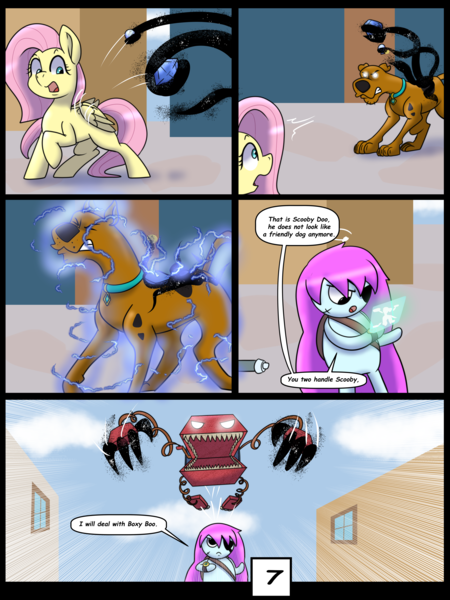 Size: 6000x8000 | Tagged: safe, artist:chedx, derpibooru import, fluttershy, pegasus, comic:learning with pibby glitch battles, fanfic, boxy boo, comic, commission, community related, corrupted, crossover, error, fanfic art, g4, glitch, image, multiverse, pibby, png, scooby doo, scooby doo (character)