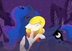 Size: 3510x2480 | Tagged: safe, derpibooru import, princess luna, oc, oc:starfyre, alicorn, pegasus, eyes closed, folded wings, house, hug, image, night, png, ponyville, stars, wings