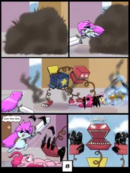 Size: 6000x8000 | Tagged: safe, artist:chedx, derpibooru import, fluttershy, pinkie pie, earth pony, pegasus, comic:learning with pibby glitch battles, fanfic, boxy boo, comic, commission, community related, corrupted, crossover, error, fanfic art, g4, glitch, image, multiverse, pibby, png, scooby doo, scooby doo (character)