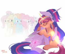 Size: 2048x1723 | Tagged: safe, artist:petaltwinkle, derpibooru import, applejack, fluttershy, pinkie pie, rainbow dash, rarity, sunny starscout, twilight sparkle, twilight sparkle (alicorn), alicorn, earth pony, pegasus, pony, unicorn, g5, my little pony: a new generation, eyes closed, female, floppy ears, hug, image, jpeg, mane six, mare, older, older applejack, older fluttershy, older mane six, older pinkie pie, older rainbow dash, older rarity, older twilight, race swap, signature, simple background, sitting, sunny and her heroine, sunnycorn, white background