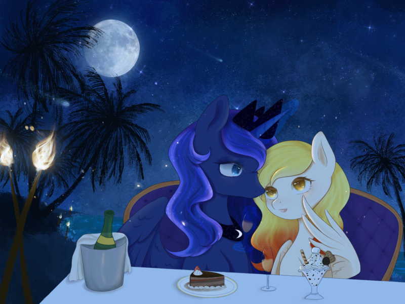 Size: 2000x1500 | Tagged: artist needed, source needed, safe, derpibooru import, princess luna, oc, oc:starfyre, alcohol, cake, champagne, couch, date, food, image, moon, night, palm tree, png, torch, tree, wine