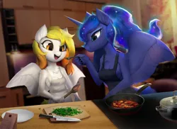 Size: 2048x1493 | Tagged: safe, artist:vensual99, derpibooru import, princess luna, oc, oc:starfyre, alicorn, pegasus, cooking, feeding, frying pan, image, jpeg, kitchen, kitchen knife, open mouth, plate, spread wings, stove, wings