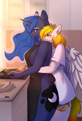 Size: 2048x3032 | Tagged: safe, artist:alphadesu, derpibooru import, princess luna, oc, oc:starfyre, alicorn, anthro, pegasus, cooking, hug, hug from behind, image, jpeg, kitchen, kitchen knife, sunlight