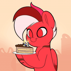 Size: 1000x1000 | Tagged: safe, artist:joaothejohn, derpibooru import, oc, oc:flamebrush, unofficial characters only, pegasus, pony, animated, birthday, blowing, cake, candle, food, gif, happy, happy birthday, image, looking down, numbers, open mouth, pegasus oc, present, simple background, smiling, wings