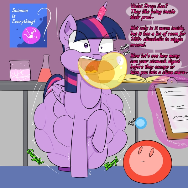 Size: 3000x3000 | Tagged: suggestive, artist:bestponies, derpibooru import, twilight sparkle, twilight sparkle (alicorn), oc, oc:violet drop, alicorn, pony, abdominal bulge, belly, big belly, clipboard, dialogue, digestion, female, female pred, force feeding, gulp, huge belly, image, impossibly large belly, jpeg, laboratory, magic, mare, mare pred, multiple prey, offscreen character, open mouth, slime, stomach noise, swallowing, telekinesis, tight bulge, twipred, unwilling predator, vore, willing prey