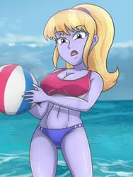 Size: 1536x2048 | Tagged: suggestive, artist:sumin6301, derpibooru import, cloudy kicks, human, equestria girls, beach, beach ball, belly button, bikini, breasts, clothes, female, g4, image, jpeg, looking at you, open mouth, ponytail, solo, solo female, swimsuit