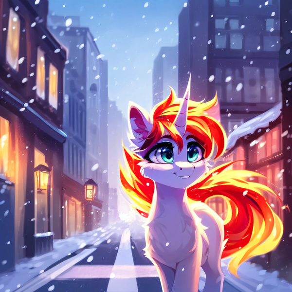 Size: 3072x3072 | Tagged: safe, ai content, derpibooru import, machine learning generated, prompter:aeroliger, stable diffusion, oc, oc:feisty fire, unofficial characters only, pony, unicorn, city, female, generator:purplesmart.ai, horn, image, jpeg, mane of fire, mare, snow, snowfall, solo, solo female