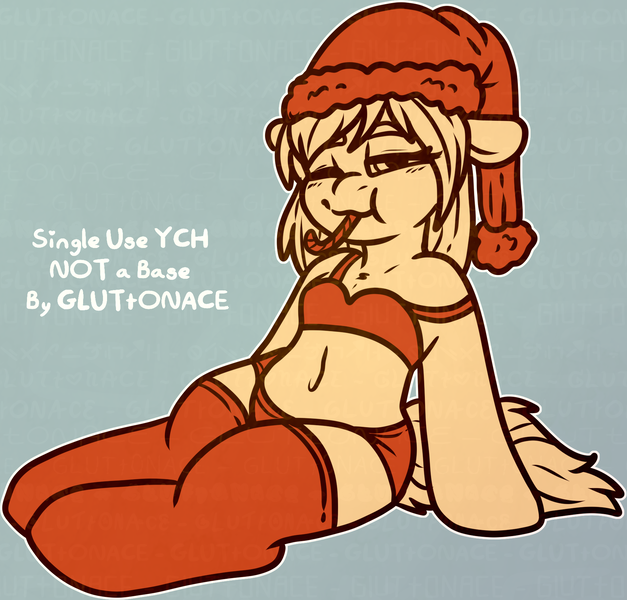 Size: 1833x1754 | Tagged: suggestive, artist:sexygoatgod, derpibooru import, oc, unofficial characters only, pony, semi-anthro, bra, candy, candy cane, christmas, clothes, commission, eating, food, hat, holiday, image, lingerie, looking at you, one eye closed, panties, png, santa hat, simple background, socks, solo, stockings, thigh highs, underwear, wink, winking at you, wip, ych sketch, your character here