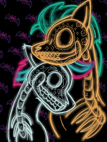 Size: 600x800 | Tagged: safe, artist:robipony, derpibooru import, hitch trailblazer, zipp storm, bat, earth pony, pegasus, pony, g5, bone, cuddling, dark background, dia de los muertos, female, halloween, hitchzipp, holiday, image, male, mare, neon, nightmare night, png, shipping, skull, stallion, straight