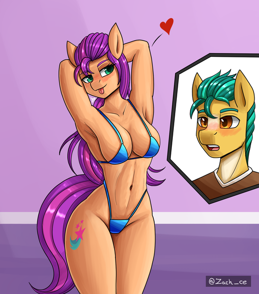 Size: 1500x1700 | Tagged: suggestive, artist:zachc, derpibooru import, hitch trailblazer, sunny starscout, anthro, earth pony, g5, arm behind head, armpits, belly button, bikini, blushing, breasts, clothes, duo, female, image, male, micro bikini, open mouth, png, swimsuit, tongue out