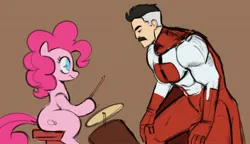 Size: 1792x1032 | Tagged: safe, artist:_ton618_, derpibooru import, pinkie pie, earth pony, human, pony, brown background, drums, drumsticks, duo, duo male and female, female, hoof hold, image, invincible, jpeg, looking at each other, looking at someone, male, mare, musical instrument, omni-man, simple background, sitting