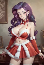 Size: 1024x1536 | Tagged: suggestive, ai content, derpibooru import, editor:sammykun, machine learning generated, rarity, human, absolute cleavage, belly button, big breasts, bow, breasts, bust, busty rarity, christmas, cleavage, clothes, costume, female, g4, generator:yodayo, gloves, holiday, humanized, image, long hair, looking at you, midriff, miniskirt, neck bow, png, prompter:sammykun, santa costume, seductive, sexy, short shirt, skirt, smiling, socks, solo, stupid sexy rarity, sultry, sultry pose, thigh highs, wide hips