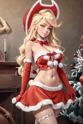 Size: 1024x1536 | Tagged: suggestive, ai content, derpibooru import, editor:sammykun, machine learning generated, applejack, human, applejack's hat, belly button, big breasts, bow, breasts, bust, busty applejack, christmas, christmas tree, cleavage, clothes, costume, cowboy hat, female, g4, generator:yodayo, gloves, hat, holiday, humanized, image, long hair, looking at you, midriff, miniskirt, neck bow, png, prompter:sammykun, santa costume, seductive, sexy, short shirt, skirt, smiling, socks, solo, stupid sexy applejack, sultry, sultry pose, thigh highs, tree, wide hips