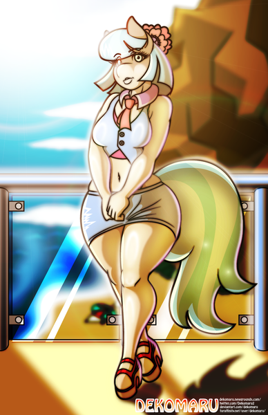 Size: 792x1224 | Tagged: safe, artist:dekomaru, derpibooru import, coco pommel, anthro, earth pony, unguligrade anthro, series:loco for coco remastered edition, beach, belly button, breasts, busty coco pommel, clothes, female, high heels, image, looking at you, midriff, platform heels, png, remastered, shoes, smiling, smiling at you, solo, wide hips