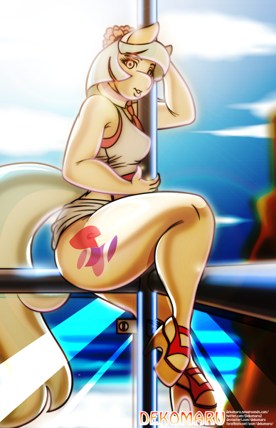 Size: 792x1224 | Tagged: suggestive, artist:dekomaru, derpibooru import, coco pommel, anthro, earth pony, pony, unguligrade anthro, series:loco for coco remastered edition, breasts, busty coco pommel, clothes, female, high heels, image, looking at you, mare, miniskirt, platform heels, png, railing, remastered, shoes, sitting, skirt, solo, solo female, thighs, thunder thighs
