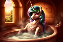 Size: 1640x1088 | Tagged: safe, ai content, artist:annon, machine learning generated, stable diffusion, princess celestia, alicorn, fluffy pony, pony, bath, bathing, bathroom, bathtub, castle, detailed, detailed background, female, feral, fluffy, g4, generator:easyfluff v11.2, generator:easyfluffv11.2, image, looking at you, mare, png, quadrupedal, smiling, smiling at you, solo, solo female, solo focus, sunrise, water