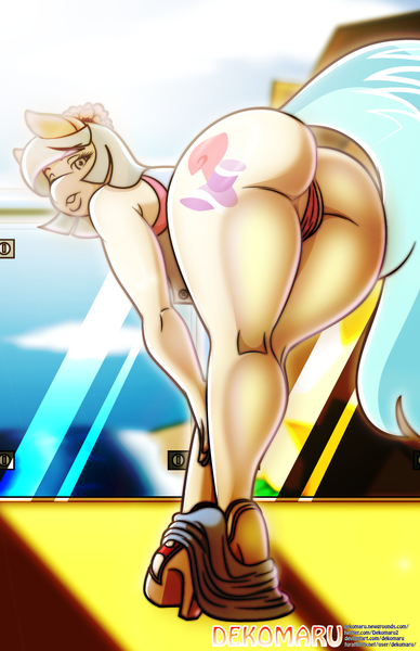 Size: 792x1224 | Tagged: questionable, artist:dekomaru, derpibooru import, coco pommel, anthro, earth pony, pony, unguligrade anthro, series:loco for coco remastered edition, ass, bent over, butt, cameltoe, clothes, female, high heels, image, large butt, looking at you, looking back, looking back at you, mare, panties, platform heels, png, remastered, shoes, skirt around legs, skirt down, solo, solo female, thighs, thong, thunder thighs, underwear, wide hips