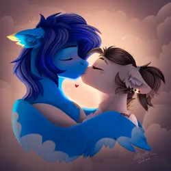 Size: 2000x2000 | Tagged: safe, artist:dorkmark, artist:helmie-art, derpibooru import, oc, oc:dima, oc:helmie, unofficial characters only, pegasus, pony, bust, cloud, collaboration, ear fluff, ear piercing, earring, heart, hug, image, jewelry, kissing, oc x oc, piercing, png, relationship, scar, shipping, wings