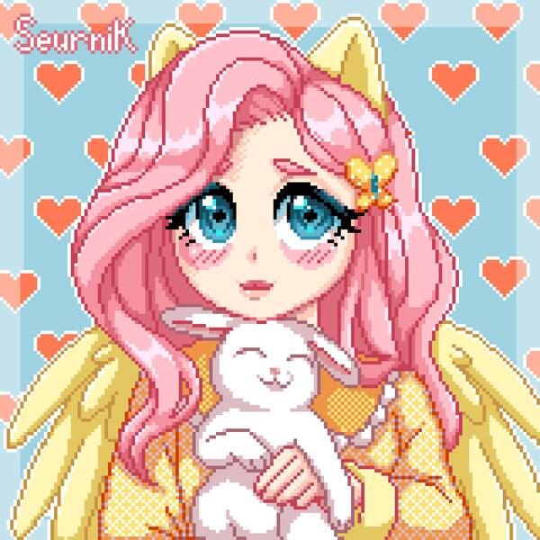 Size: 1280x1280 | Tagged: safe, artist:seurniksroom, derpibooru import, angel bunny, fluttershy, human, rabbit, animal, blushing, cute, eared humanization, hairclip, heart, hug, humanized, image, jpeg, looking at you, pixel art, shyabetes, signature, winged humanization, wings