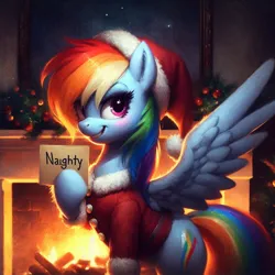 Size: 1024x1024 | Tagged: prompter needed, safe, ai content, derpibooru import, machine learning generated, rainbow dash, pegasus, pony, blushing, christmas, christmas ornament, clothes, costume, decoration, female, fire, fireplace, g4, generator:dall-e 3, hat, holding, holiday, image, jpeg, looking sideways, mare, naughty, santa costume, santa hat, smiling, smirk, solo, spread wings, teeth, text, wings