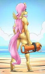 Size: 1864x3070 | Tagged: safe, artist:mysticalpha, derpibooru import, fluttershy, anthro, pegasus, pony, unguligrade anthro, ass, baywatch, beach, breasts, butt, clothes, facing away, female, flutterbutt, high res, image, lifeguard, lifeguard fluttershy, mare, one-piece swimsuit, png, sideboob, small wings, solo, swimsuit, wings