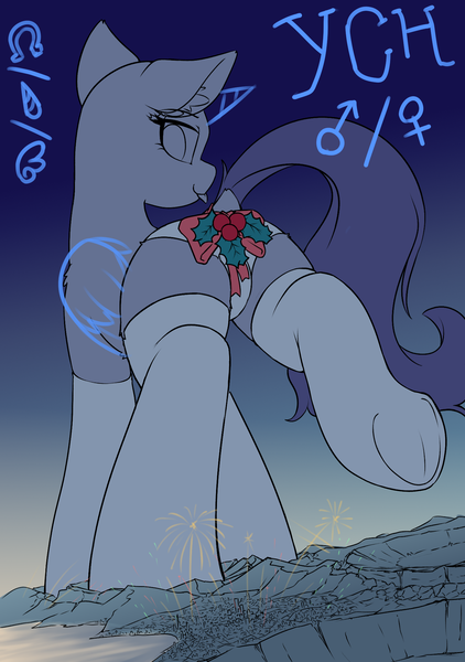 Size: 1440x2048 | Tagged: safe, artist:ravistdash, derpibooru import, oc, earth pony, pegasus, pony, unicorn, butt, christmas, city, clothes, commission, destruction, dock, fireworks, holiday, image, looking back, macro, mistletoe, panties, plot, png, smiling, smirk, socks, tail, tongue out, underhoof, underwear, ych example, your character here