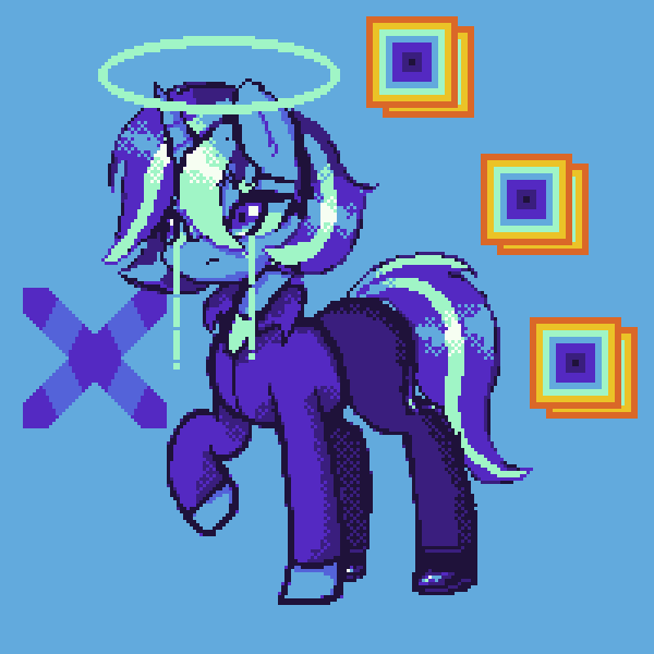 Size: 2000x2000 | Tagged: safe, artist:menalia, derpibooru import, oc, oc:freezy coldres, unofficial characters only, pony, unicorn, animated, aseprite, clothes, color cycling, crying, dithering, error, female, gif, glitch, glitch art, horn, image, jacket, looking at something, mare, pants, pixel art, psychedelic, seizure warning, shirt, shoes, simple background