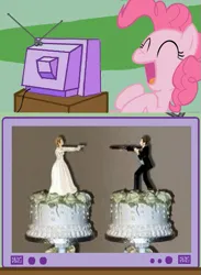 Size: 563x770 | Tagged: safe, derpibooru import, pinkie pie, earth pony, pony, cake, exploitable, exploitable meme, female, food, gun, handgun, image, laughing, male, mare, marriage, meme, obligatory pony, photo, pistol, png, shotgun, solo, television, tv meme, weapon, wedding, wedding cake