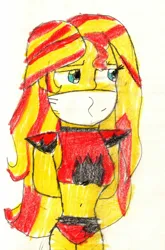 Size: 1280x1944 | Tagged: safe, artist:bluesplendont, derpibooru import, sunset shimmer, equestria girls, bondage, bound and gagged, cloth gag, clothes, costume, gag, image, jpeg, roxanne wolf