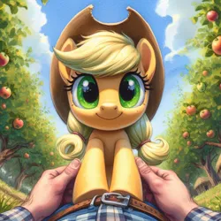 Size: 1024x1024 | Tagged: prompter needed, suggestive, ai content, derpibooru import, machine learning generated, applejack, earth pony, human, pony, apple, apple orchard, apple tree, belt, belt buckle, clothes, cowboy hat, duo, female, filly, foal, food, g4, generator:dall-e 3, hand, hat, image, jpeg, looking at you, offscreen character, offscreen human, orchard, outdoors, pants, pov, sky, smiling, smiling at you, solo focus, tree