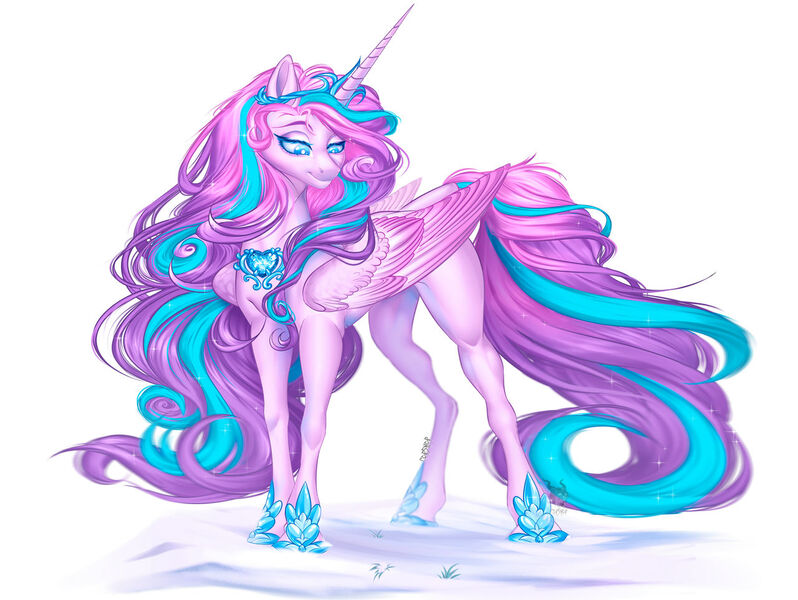 Size: 1280x963 | Tagged: safe, artist:copshop, derpibooru import, princess flurry heart, alicorn, pony, concave belly, crown, hoof shoes, horn, image, jewelry, jpeg, large wings, long horn, long mane, long tail, muscles, older, peytral, princess shoes, quadrupedal, regalia, simple background, slim, snow, solo, standing, sternocleidomastoid, tail, thin, white background, wings