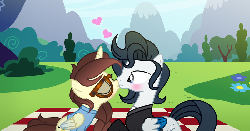 Size: 2089x1095 | Tagged: safe, artist:darbypop1, derpibooru import, oc, oc:darby, ponified, unofficial characters only, alicorn, pegasus, pony, female, image, kissing, male, mare, nathan chen, picnic blanket, png, stallion