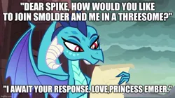 Size: 888x499 | Tagged: suggestive, derpibooru import, edit, edited screencap, screencap, princess ember, uprooted, caption, image, image macro, implied smolder, implied spike, jpeg, text