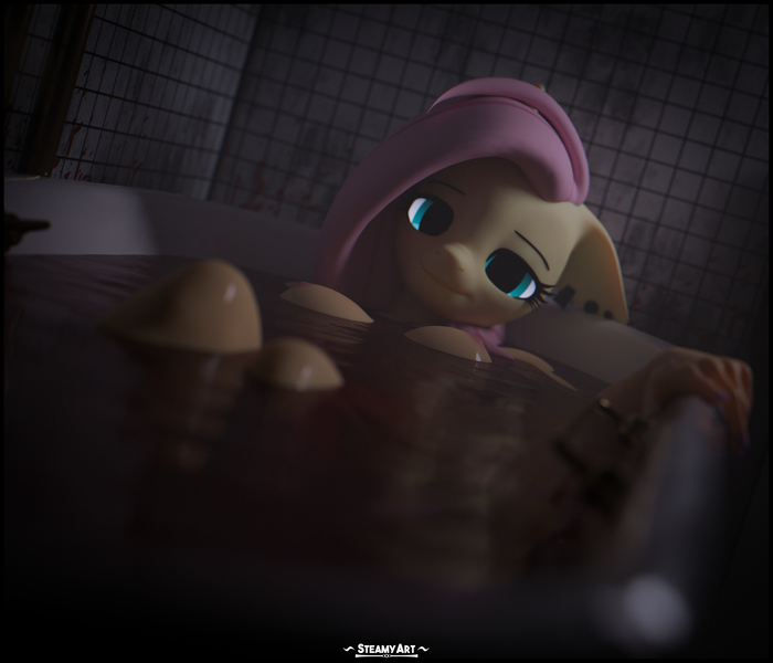 Size: 3840x3291 | Tagged: grimdark, questionable, artist:phenioxflame, derpibooru import, fluttershy, anthro, pegasus, 3d, bathtub, bleeding, blood, breasts, cute, floppy ears, grimcute, happy, image, nipples, nudity, png, shyabetes, solo, suicide